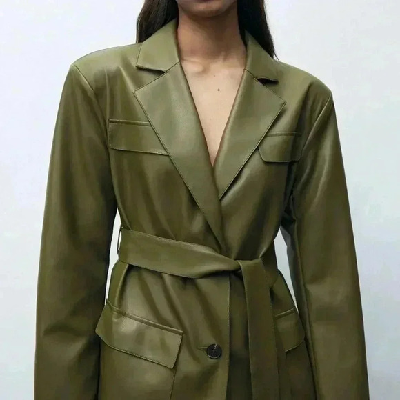 Army Green Elegant Women's Front Button Pocket Belted Long Sleeve Blazer Jacket - Picture 5 of 8